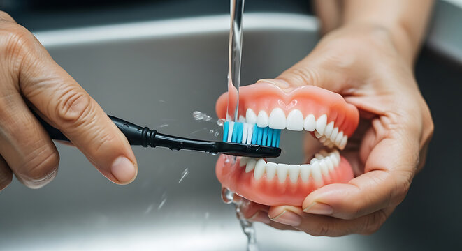 Person brushing a set of fake teeth under running water in a sink toothbrush