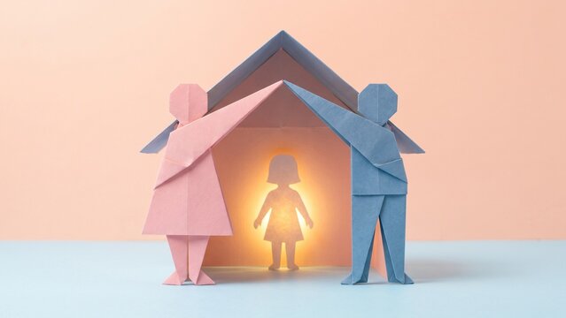 Minimalist Origami Family and House Silhouette with Warm Light Glow