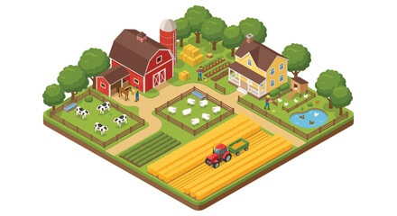 isometric farm illustration with buildings crops and livestock © mdaburaihan