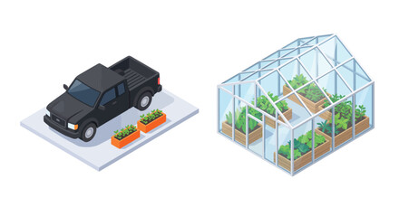 isometric pickup truck and greenhouse with plants on white background © mdaburaihan
