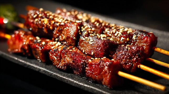 Korean food Korean BBQ beef skewer Korean cuisine grilled skewers marinated beef sesame seeds street food style minimal dark setup