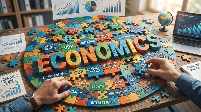 A person assembling a colorful puzzle with economic terms on a wooden desk with graphs and charts around isolated on white background no