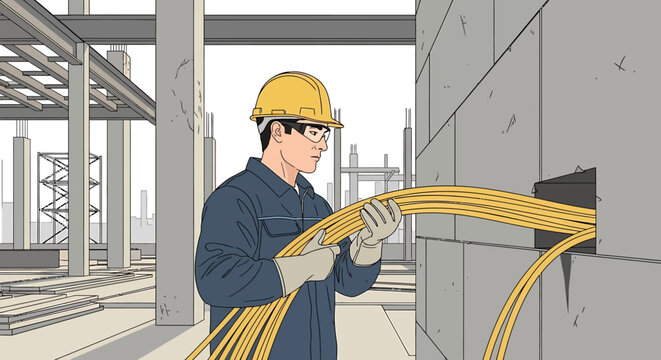 Man installing yellow electrical wires.