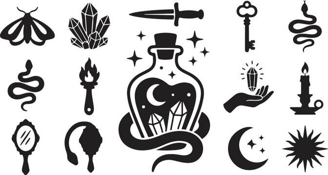 Mystical occult icons, 14 magic alchemy vector elements