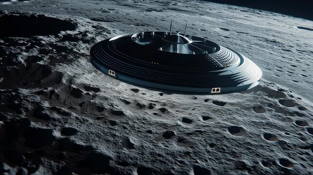Unidentified flying object spacecraft hovering above the lunar surface, illuminating a cratered moonscape with light from its underside, exploring uncharted extraterrestrial territory