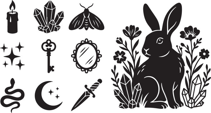 Mystical occult icons,  black magic rabbit vector set