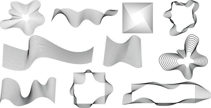 Set of abstract geometric shapes with wavy lines, moire pattern vector elements isolated on white background
