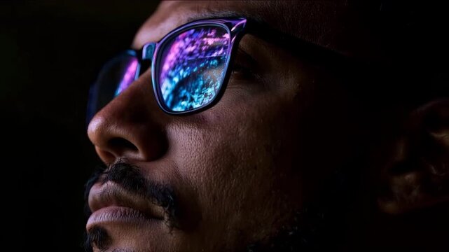 Thoughtful Mans Gaze, Sunglasses Colorful Reflection, Stylish Glasses Vision Looking Introspection