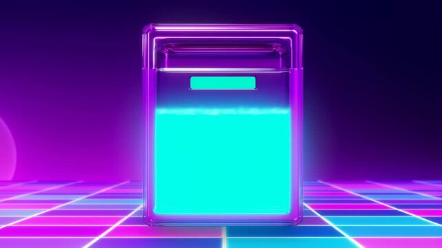 Retro 80s synthwave animation of a neon container filling up on a grid floor