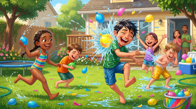 Children joyfully playing with water balloons in a sunny backyard, splashing and laughing, with adults watching in the background.