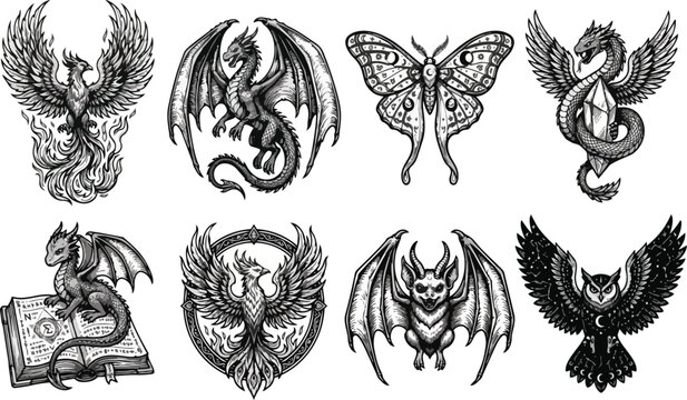 Detailed collection of mystical fantasy creatures including dragons phoenixes bats and owls featuring intricate patterns and mythical style elements for artistic projects presented as a set of symbols