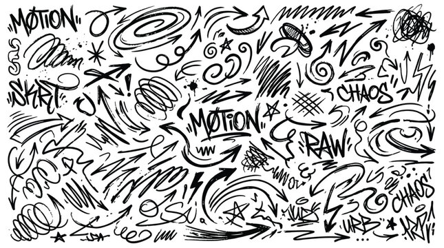 Set of handdrawn graffiti arrows, scribbles, and words