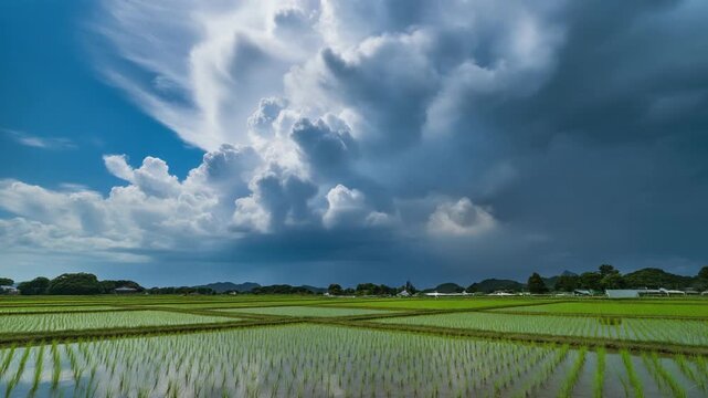 Wide Cinematic Shot of Dramatic Towering Cumulonimbus Clouds Above Flat Green Japanese Rice Fields