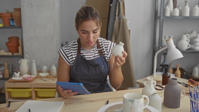 Woman potter holds tablet and inspects small ceramic vase with hands visible in studio; concentration creativity.