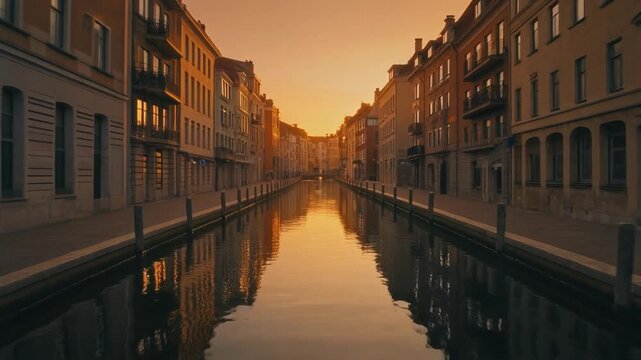 Cinematic Slow Glide Along Calm Urban Canal at Golden Hour with Building Facades Reflecting in Still Water