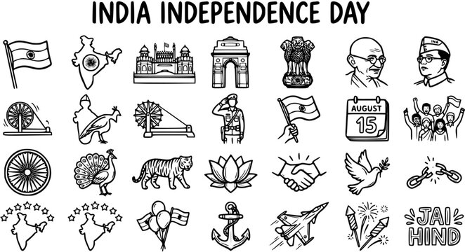 India Independence Day Black  White Line Art Icon Set with National Symbols, Historical Figures, Freedom Fighters  Patriotic Doodles - Indian Culture Collection