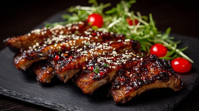 Korean food Korean BBQ pork rib Korean cuisine grilled ribs caramelized glaze sesame seeds juicy meat minimal dark setup