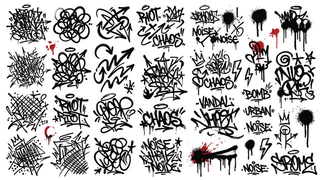 Set of graffiti tags, handdrawn street art elements, urban calligraphy, ink splashes and drips