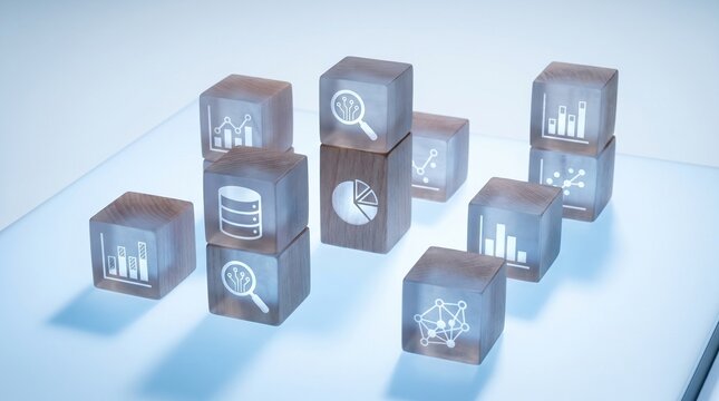 Translucent Frosted Wooden Cubes With White Glowing Data Analytics Icons Including Bar Chart Line Graph Database Magnifier Pie Chart Scatter Plot And Network Graph Arranged In 3D Bar Chart Formation O