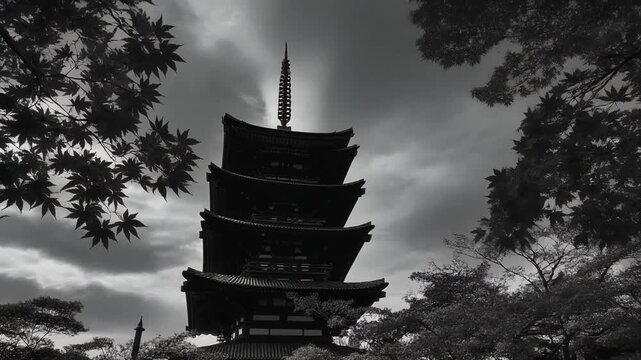 Slow Cinematic Tilt Up of Traditional Japanese Five-Storied Pagoda Against Dramatic Autumn Sky