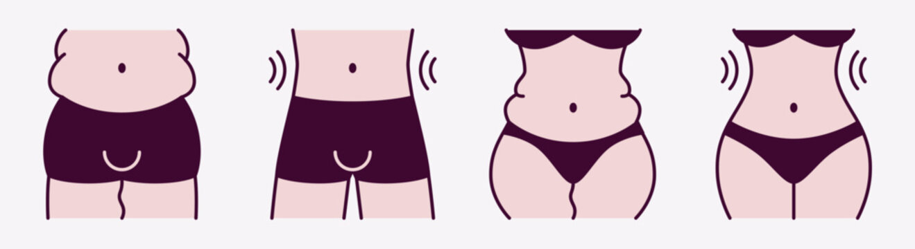 Male and female body transformation icon set. Weight loss comparison with before and after body shape. Vector illustration for fitness, healthcare and lifestyle concepts.