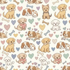 Obraz premium Cute Hand-Drawn Dogs and Hearts Pattern for Children and Animal Lovers