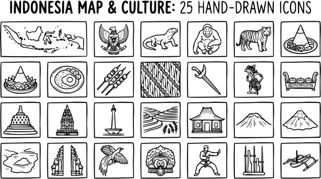 Hand-drawn Black  White Line Art Icon Set: Indonesia Map, Culture, Travel  Tourism Doodles. A comprehensive collection of traditional symbols and landmarks.