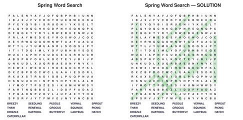Spring word search puzzle. Difficult vocabulary worksheet with color answer key. Printable educational activity for students and homeschool © ON - Studio