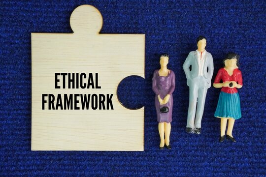 Miniature people and wooden puzzle with the word Ethical Framework. structured set of moral principles and guidelines used to evaluate situations, resolve ethical dilemmas, and make informed, morally 