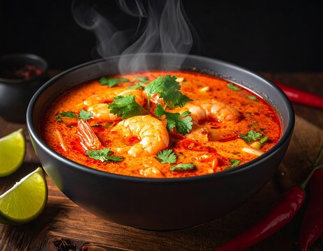 Steaming Hot Tom Yum Goong Shrimp Soup in Black Bowl for Authentic Thai Cuisine Marketing and Restaurant Menu