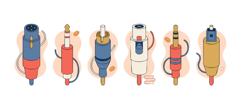 Audio Cable Connectors Set, Professional Sound Equipment Plugs, Isometric Vector Illustration of XLR, Jack, RCA, and Optical Digital Cables for Music Studio Production, Electronics and Connectivity Te
