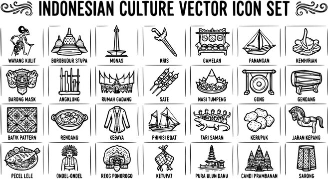 Indonesian Culture Vector Icon Set - Black  White Line Art of Traditional Symbols