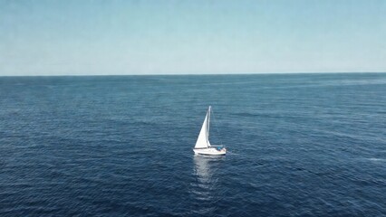Fototapeta premium Small sailboat drifting on calm open ocean under clear sky