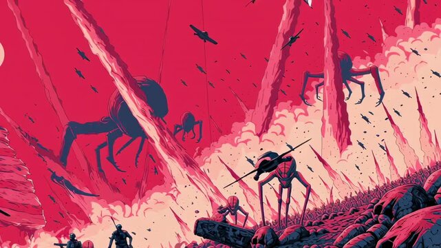 Soldiers engaging in intense combat against colossal alien bugs and spider like creatures, marking a futuristic war for survival on a devastated planet under a waving american flag
