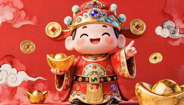 Cute Chubby God Of Wealth With Gold Ingots