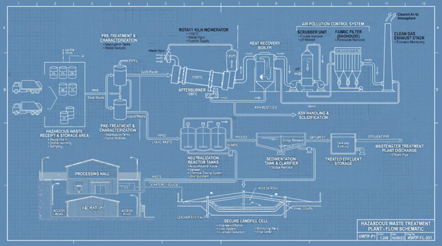 Detailed blueprint diagram illustrating a comprehensive wastewater and biosolids treatment plant with energy recovery processes.