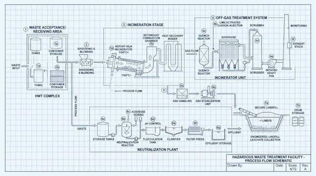 Detailed process flow diagram of a hazardous waste treatment facility, illustrating incineration and wastewater treatment stages.