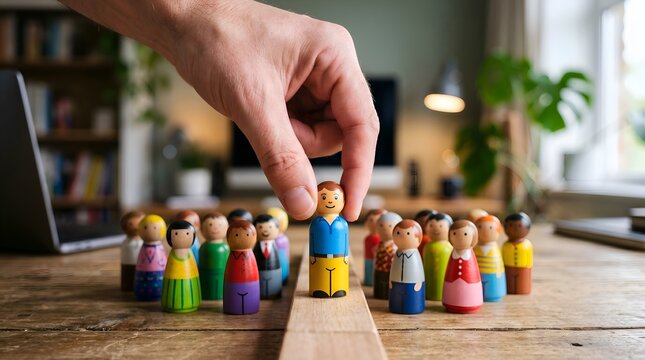Hand Picking a Blue Wooden Peg Doll From a Diverse Group of Miniature People