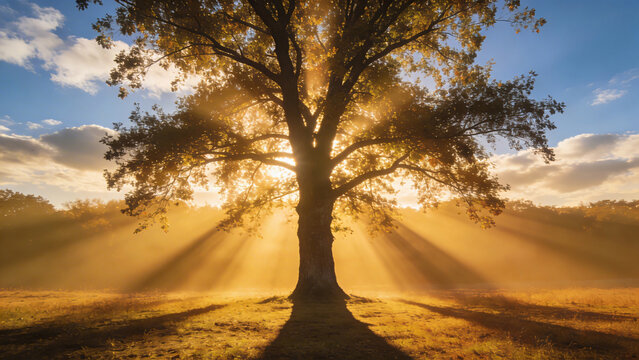 A beautiful green tree in the meadow near the river at sunrise with misty fog in the background a nature landscape with an old big oak tree, sunlight and sun rays