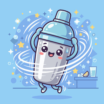 Cute cartoon cocktail shaker character dancing and spinning.