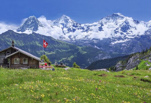 Lobhornh&uuml;tte above Isenfluh with the Eiger triumvirate with the Eiger North Face, M&ouml;nch and Jungfrau, Lauterbrunnen, Bernese Alps, Bernese Oberland, Canton Bern, Switzerland
