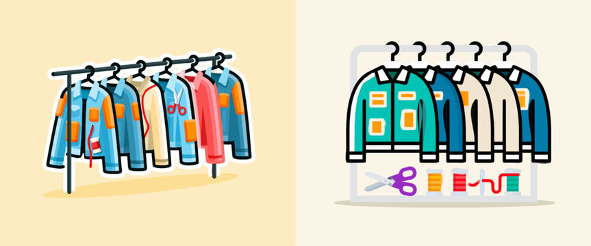 A minimalist illustration of a clothing rack with repurposed denim jackets, patches, scissors, and thread, set against a solid warm beige background