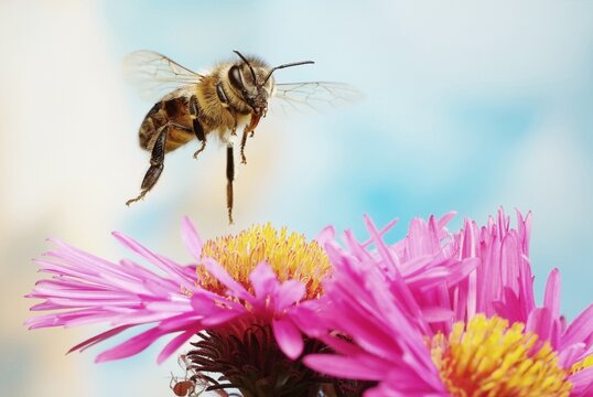 Honey bee (Apis mellifera), in flight, on Aromatic Aster (Symphyotrichum oblongifolium), Germany