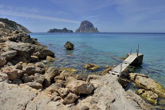 Jetty near the beach of Cala d'Hort, Sant Josep de sa Talaia, Ibiza, Balearic Islands, Spain