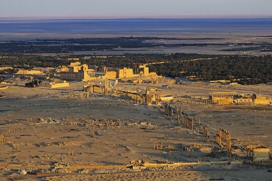 View from the castle Qala'at Ibn Ma'n on the ruins of the Palmyra archeological site, Tadmur, Syria, Asia