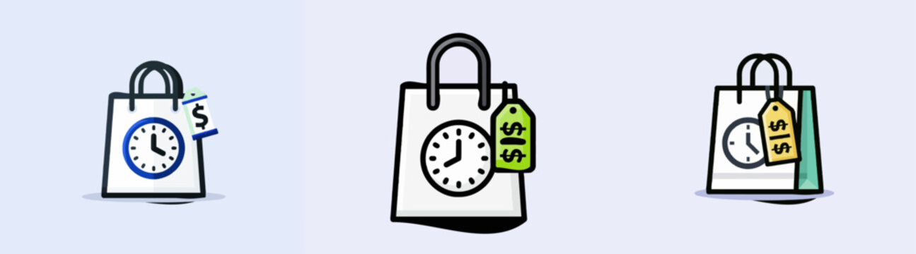 A minimalist shopping bag with a clock and price tag against a pastel lilac background, showcasing the concept of buy-now-pay-later in a clean geometric composition