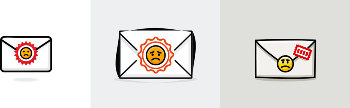 A minimalist flat design of a white envelope with a red overdue stamp featuring a frowning face icon on a solid warm grey background