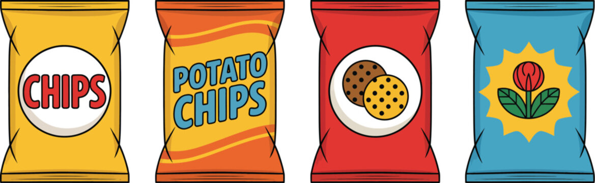 Potato chips, cartoon vector illustration, assorted flavored snacks with dipping sauces for food packaging and snack branding concept.