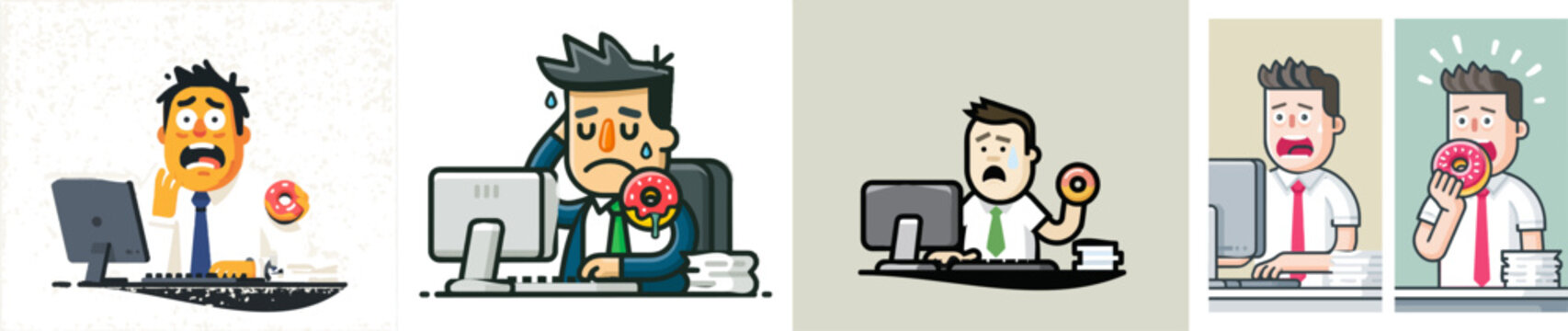 A stressed office worker, with one hand on a keyboard and the other holding a pink donut, sits at his cluttered desk in front of a grey monitor, surrounded by papers and a coffee cup