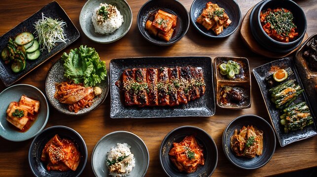 Korean food Korean dining table spread Korean cuisine BBQ meat rice kimchi banchan variety authentic experience minimal elegant top view
